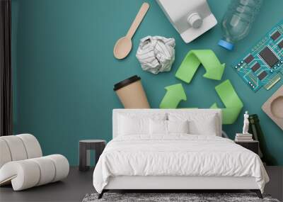 recycle reuse symbol plastic bottle food plastic packaging glass bottle paper electronic waste alumi Wall mural