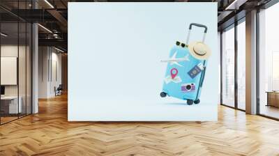 Traveler tourist accessories luggage suitcase sun glasses hat camera passport tickets vacation holidays trip plane map pin. travel concept. 3d rendering. Wall mural