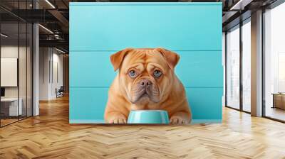 A curious dog waits patiently beside its bowl against a bright turquoise background Wall mural