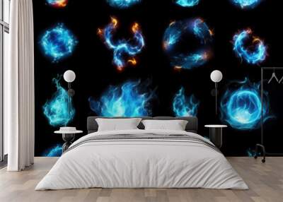 A mystical collection of blue firebolts and magical spell lights, isolated on a black background. Generative AI illustration Wall mural