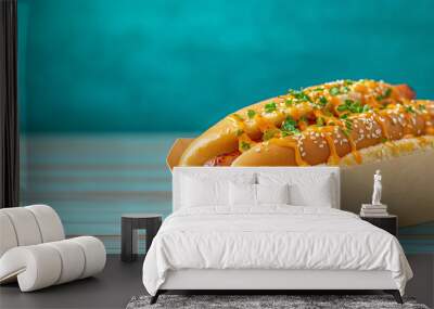 Delicious hot dogs topped with cheese and green onions Wall mural