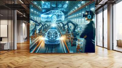 Engineer in AR headset observes holographic car blueprint amidst robotic arms assembling vehicles in a futuristic factory Wall mural