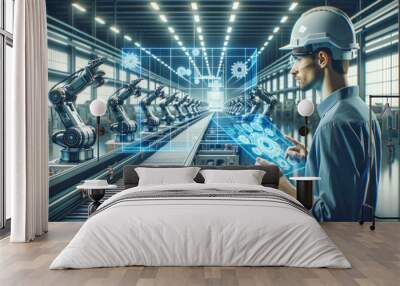 Engineer with AR glasses monitors automated robots on a futuristic production line. Generative AI. Wall mural