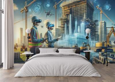 Engineers using AR headsets to visualize a holographic skyscraper amidst a futuristic construction site Wall mural