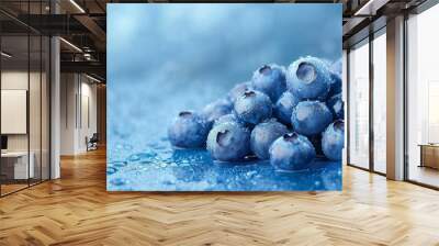 Fresh blueberries with water droplets on a blue background Wall mural