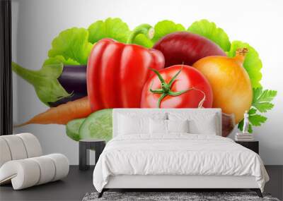 Fresh vegetables (tomato, onions, bell pepper, cucumber, carrot, aubergine, lettuce) cut out Wall mural