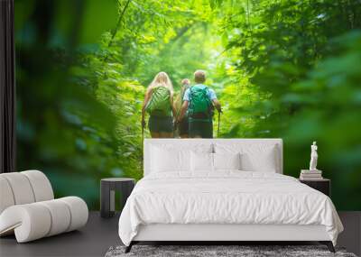 Group of hikers exploring a lush green forest trail on a summer afternoon Wall mural