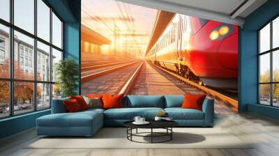 High-speed train racing through tracks at sunset Wall mural