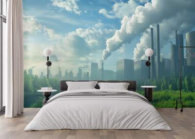 Industrial factories emitting thick smoke near a lush green forest Wall mural