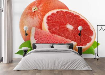 Isolated grapefruit. Cut pink grapefruits with leaves isolated on white background Wall mural