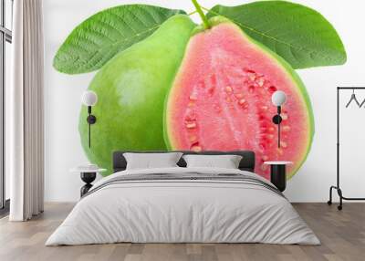 Isolated guava. One whole green guava fruit and a half with pink flesh on a branch with leaves isolated on white background with clipping path Wall mural