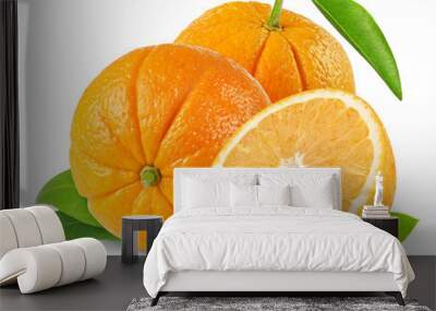 Isolated oranges. Two whole orange fruits and a half isolated on white background Wall mural