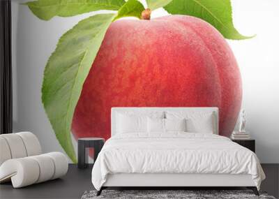 isolated peach. One raw pink peach hanging on a stem with leaves isolated on white background with clipping path Wall mural