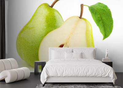 Isolated pears. One and a half yellow and green pear fruits isolated on white background Wall mural