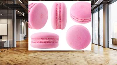 Isolated pink macarons collection. Strawberry or raspberry macaroon at different angles isolated on white background Wall mural