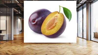 isolated plums. one and a half of blue plum fruit isolated on white background Wall mural