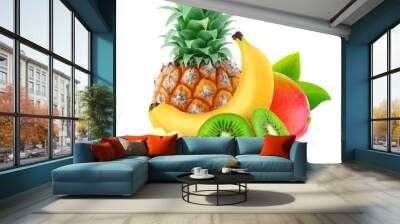 Isolated tropical fruits. Pineapple, banana, kiwi and mango isolated on white background with clipping path Wall mural