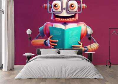 Machine learning concept, funny robot wearing glasses holding a book standing over dark red background, generative AI illustration Wall mural