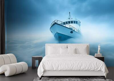 Strong waves crash against a boat navigating through a stormy ocean at dusk Wall mural