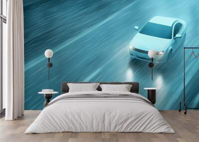 White car driving fast on a rainy road at night with headlights on, motion blur Wall mural