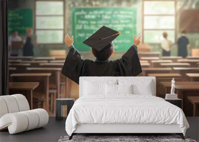 Young boy in graduation gown and cap standing in a classroom with raised arms, celebrating his achievement Wall mural