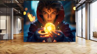 Young modern sorcerer with a piercing gaze holding a luminescent spell in his hands in urban setting. Contemporary fantasy concept Wall mural