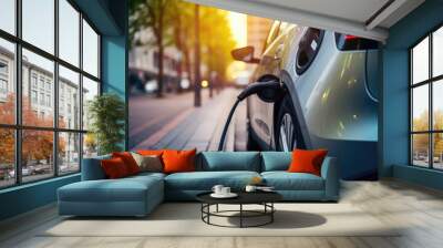  Electric car charging at a gas station in the city, industrial landscape, neon elements, healthy environment without harmful emissions. Eco concept Wall mural