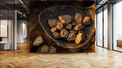 A close-up image featuring a pile of raw iron ore in a rusty metal shovel set against a brown earthen background, highlighting the raw and industrial nature of mining. Wall mural