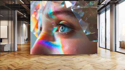 A close-up of a human eye with colorful light refractions from a crystal prism creating a surreal effect Wall mural