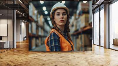 A confident young woman stands in a warehouse aisle wearing a white hard hat and orange safety vest, demonstrating professionalism and efficiency in a well-organized workplace. Wall mural