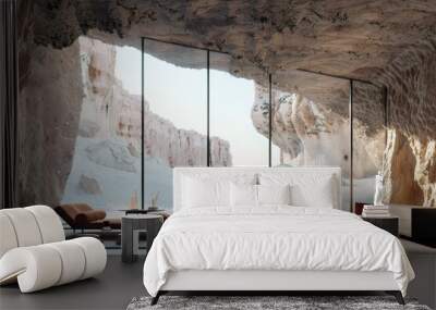 A contemporary cave home with a vast glass wall offering breathtaking views of the desert environment, perfectly blending modern living with the raw beauty of the surrounding landscape. Wall mural