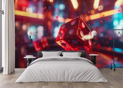 A digitally rendered red dice is capturing the essence of chance in a vibrant casino setting Wall mural