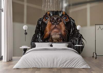 A dog with water droplets dripping from its fur, enjoying a shower, providing a serene and refreshing depiction of pet grooming and care in action, up close. Wall mural