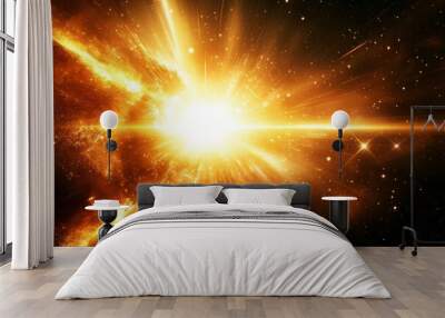 A galactic explosion emitting radiant beams of light across space, enriched with vivid colors and representing the vast energy and beauty of cosmic phenomena. Wall mural