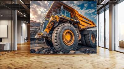 A gigantic mining haul truck is showcased under a dramatic sky, highlighting industrial might Wall mural