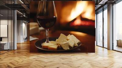 A glass of red wine with sliced cheese on a plate sits beside a warmly glowing fireplace, combining culinary delight and homey warmth in an intimate setting. Wall mural