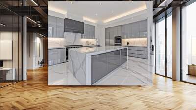 A large, contemporary kitchen featuring an island with marble accents, sleek cabinetry, and recessed lighting, offering a blend of luxury and modern design aesthetics. Wall mural