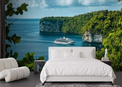 A luxury cruise liner sails past dramatic cliffs, showcasing lush greenery and turquoise waters, offering a glimpse of the ultimate tropical escape and adventure. Wall mural