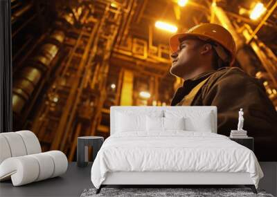 A male worker in an orange helmet looks upwards, surrounded by intricate piping and machinery in a warmly lit industrial factory setting, suggesting diligence and focus. Wall mural