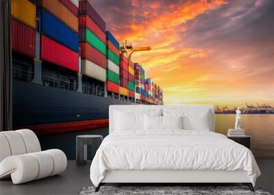 A massive container ship docked at harbor during sunset, with colorful shipping containers and a picturesque sky, representing global trade and transportation. Wall mural