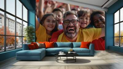 A mixed group of children in yellow and red celebrating a possibly victorious moment at a sports event with an adult Wall mural