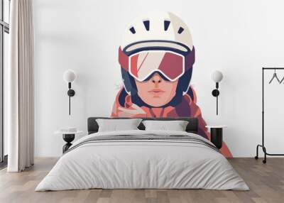 A modern vector illustration depicting a skier wearing a helmet and a red jacket, ready for a thrilling ride down the slopes. The image highlights safety and winter sports excitement. Wall mural