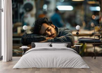 A person is seen resting their head on a workbench with blurred background suggesting a workshop setting, implying tiredness or a break Wall mural