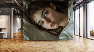 A person lays under a soft, white blanket on a white pillow. The scene reflects deep relaxation and peace, with the subtle detail of hair peeking out suggesting comfort. Wall mural