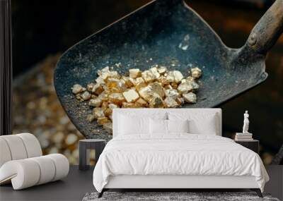 A rustic shovel cradles sparkling golden rocks, set against a contrasting backdrop, representing the themes of hard-earned success and the abundance of natural wealth. Wall mural