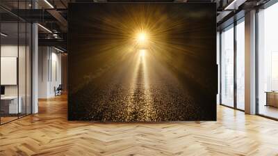 A single glowing light orb intensively illuminates a dark road ahead, creating a powerful visual metaphor for guidance and forward-thinking representation of destiny. Wall mural