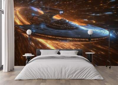 A sleek, futuristic spaceship travels at high speed through a warp tunnel in space, illustrating the advanced technology and exploration of intergalactic travel. Wall mural