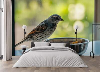 A small bird perched beside a shiny metal bowl filled with food on a windowsill, surrounded by a blurry green background indicating the outdoor scenery. Wall mural