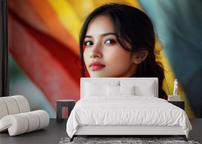 A striking portrait of a woman gazing thoughtfully, draped in colorful fabric, merges cultural elegance with artistic color play in an evocative expression of depth. Wall mural