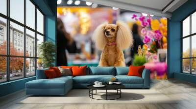 A stylishly groomed dog stands out in a vibrant and colorful setting, adorned with a decorative collar, showcasing its well-maintained and chic appearance at an event. Wall mural